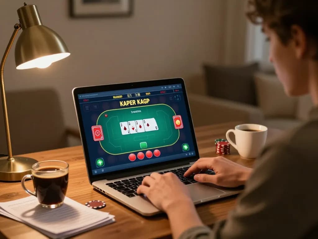 Engaging in strategic gameplay on go88's poker platform, showcasing a cozy home setting with targeted details.