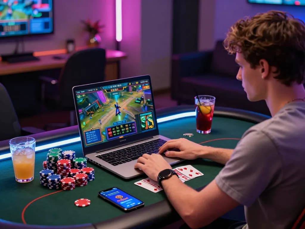 Engaged player with nk88 gaming graphics on laptop, poker chips, and drinks.