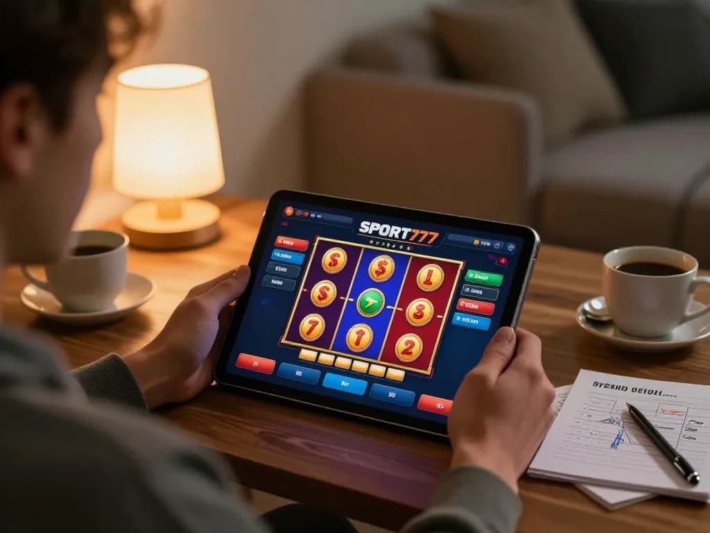 Suasana nyaman di rumah dengan seorang pemain yang fokus pada aplikasi SPORT777 untuk slot online, suasana yang hangat