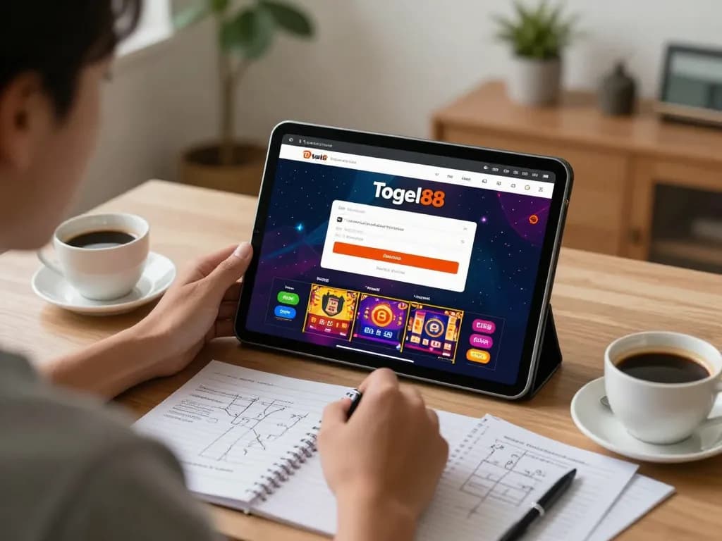 Togel88 Login Link Alternatif displayed on tablet with engaged player in cozy home setting.