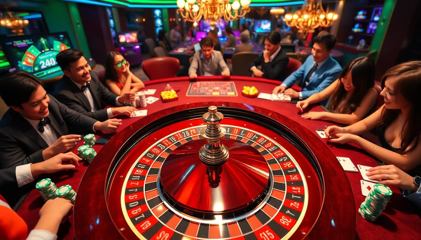 Engaged players placing bets at the luxurious roulette table inspired by hz88.life.
