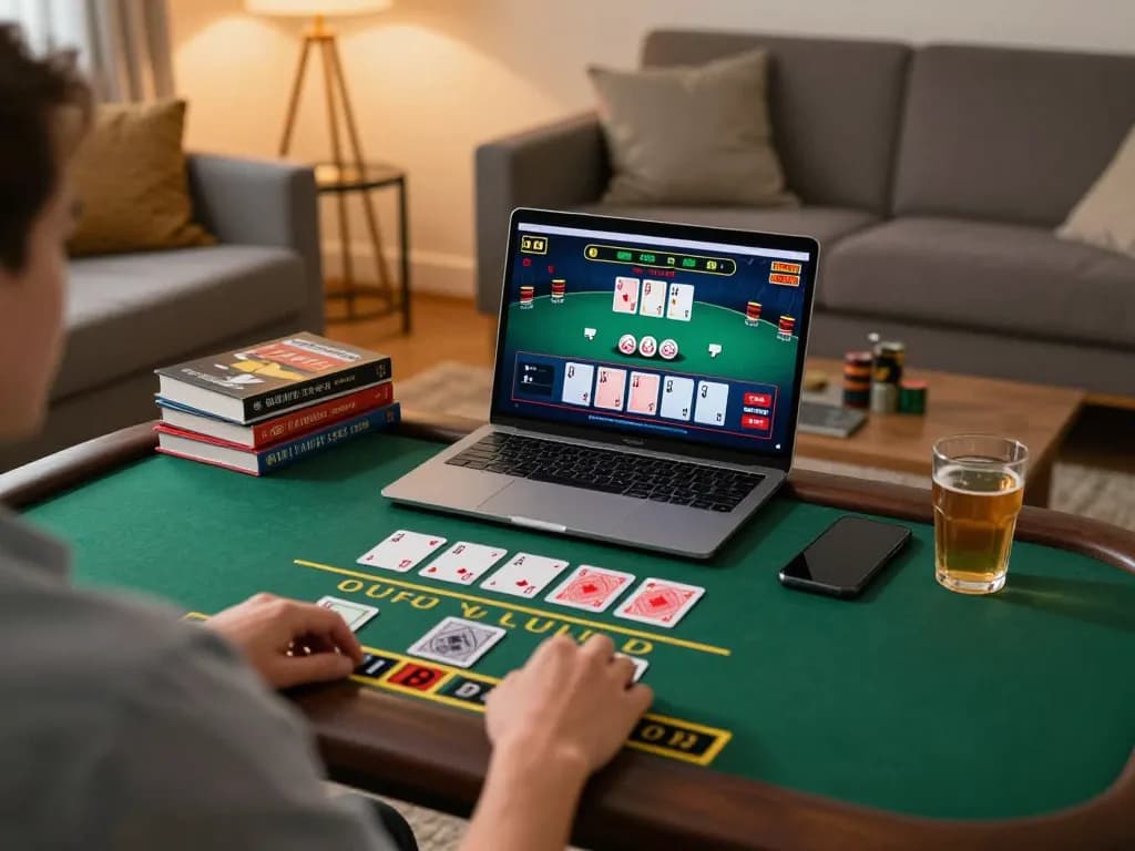 Player enjoying blackjack at home, engaging with tg88 live dealer game on laptop.
