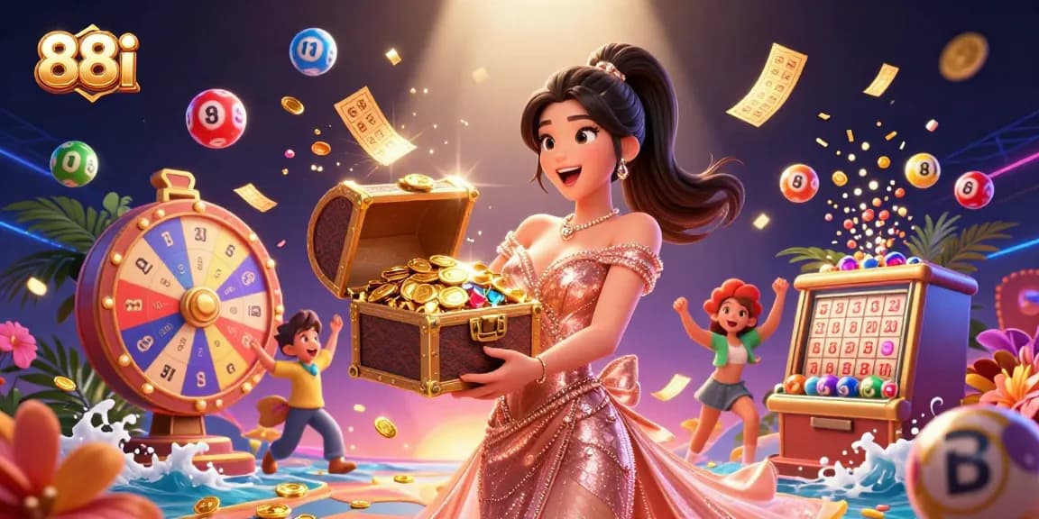 Join the excitement of 88i casino as amazing treasures flow from a chest, revealing thrilling game moments.
