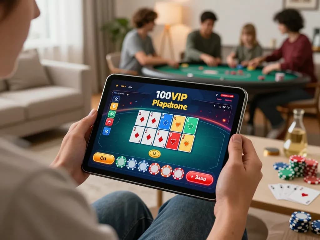 Engaged player exploring poker games on the 100VIP platform in a cozy home setting