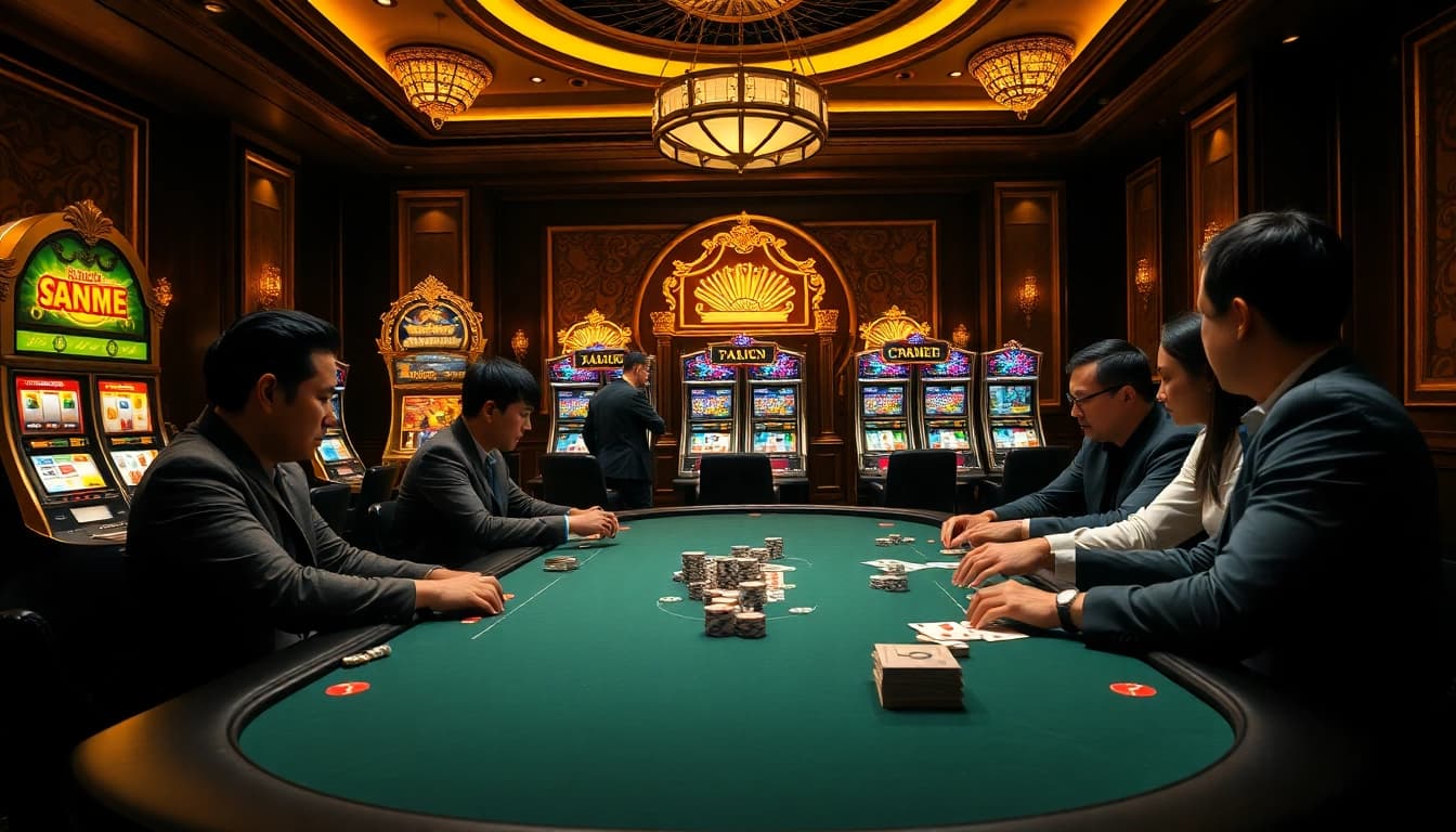Experience thrilling action at vn88 with poker chips and cards on an elegant casino table.