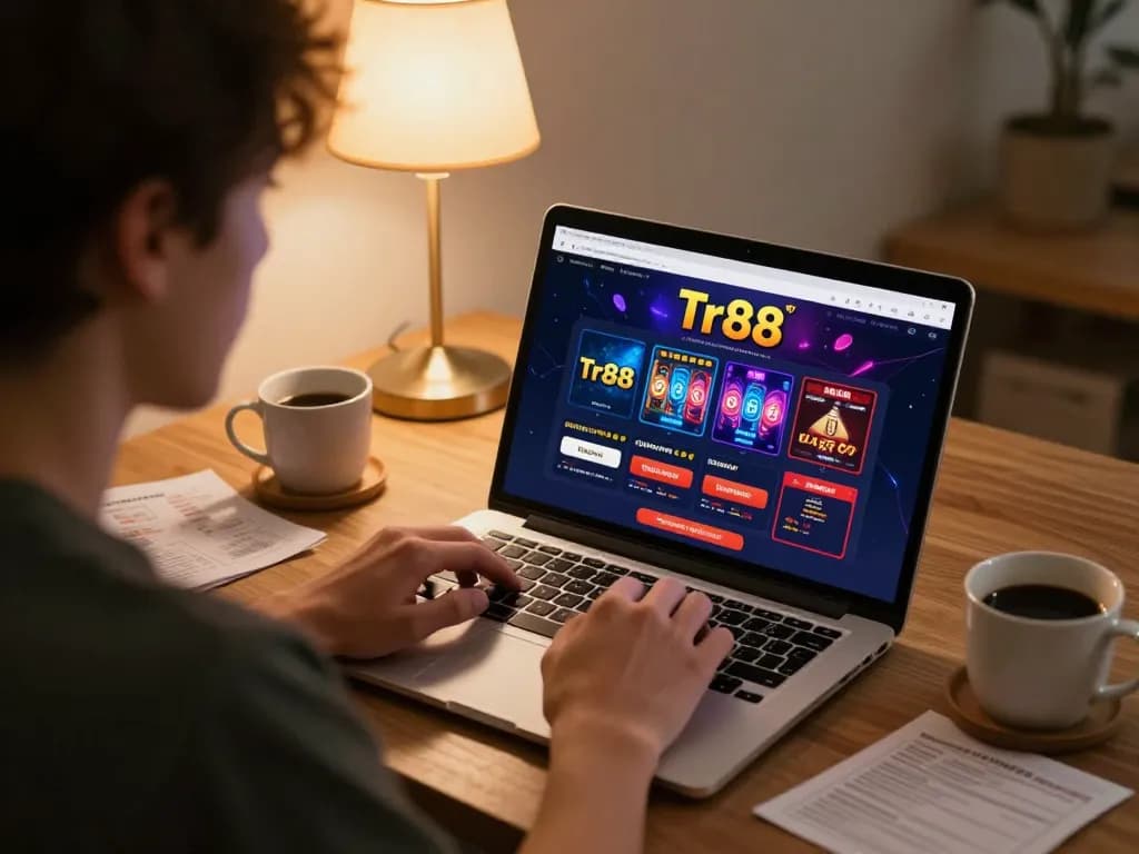 Person engaging with Tr88 link on laptop during a home gaming session, showcasing strategy notes and casino interface.