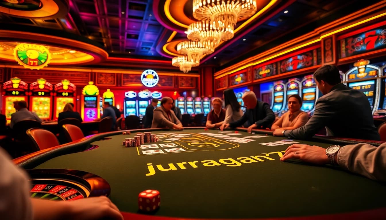 Engage in thrilling gameplay at Juragan77's vibrant casino, featuring poker tables and lively slot machines.