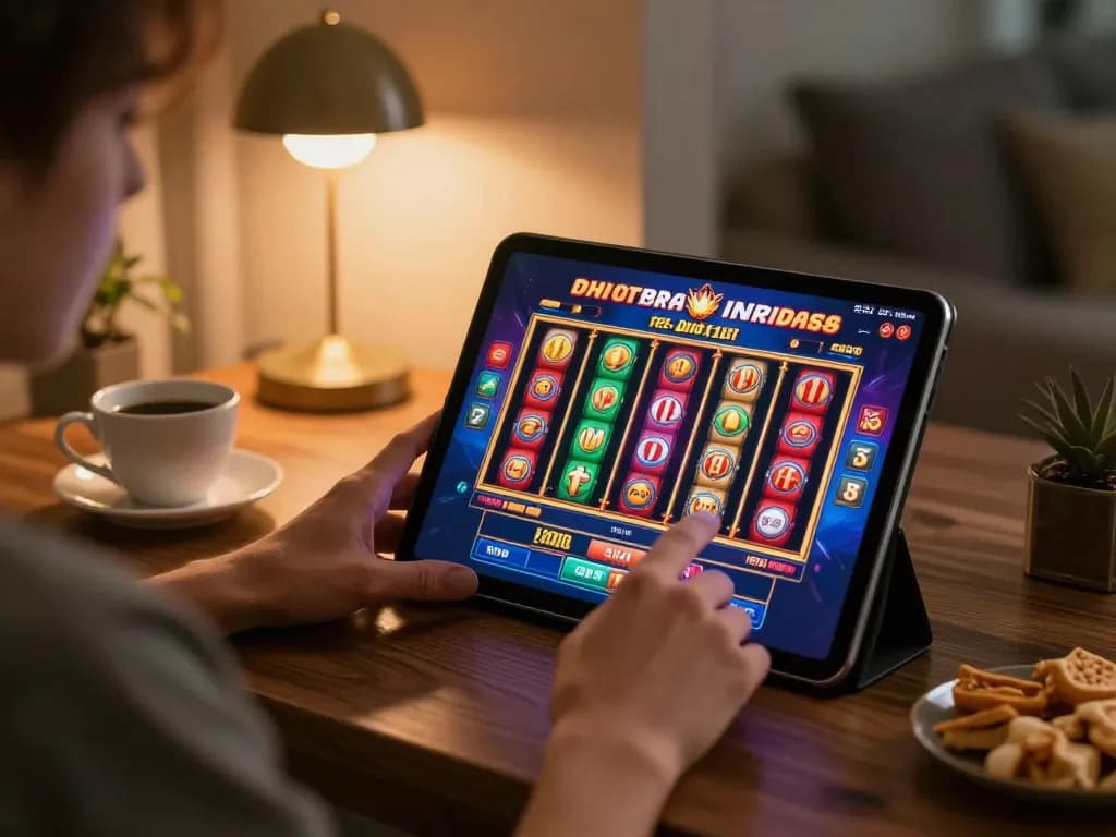 Pemain yang terlibat menggunakan Planet77 untuk slot online di lingkungan rumah yang nyaman