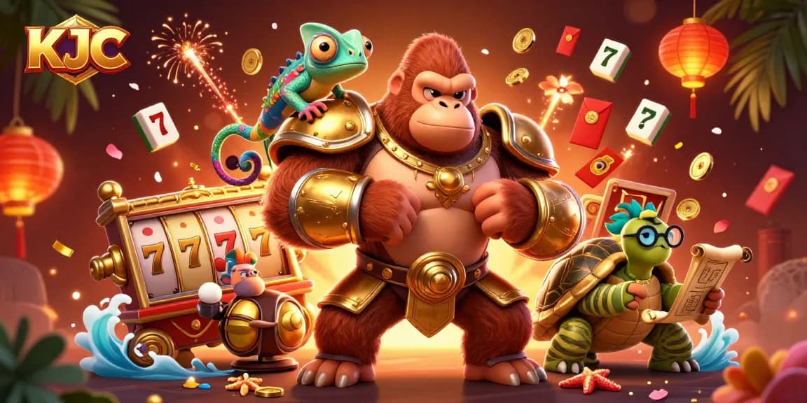 KJC engages players with vibrant slot game excitement led by a gorilla king and wise tortoise in a dynamic casino scene.