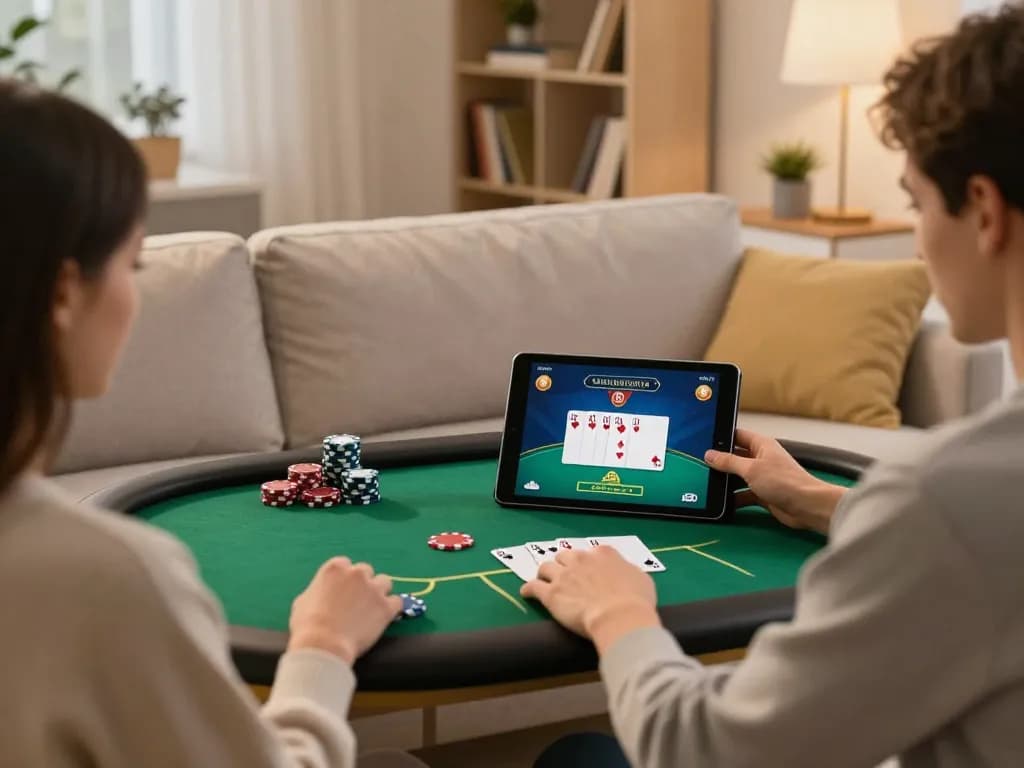 TR88 user enjoying a poker game on a tablet, featuring vibrant hand of cards and chips.