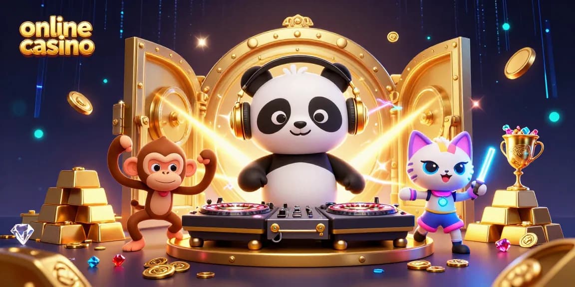 Groove with the online casino scene featuring colorful characters and sparkling gems.