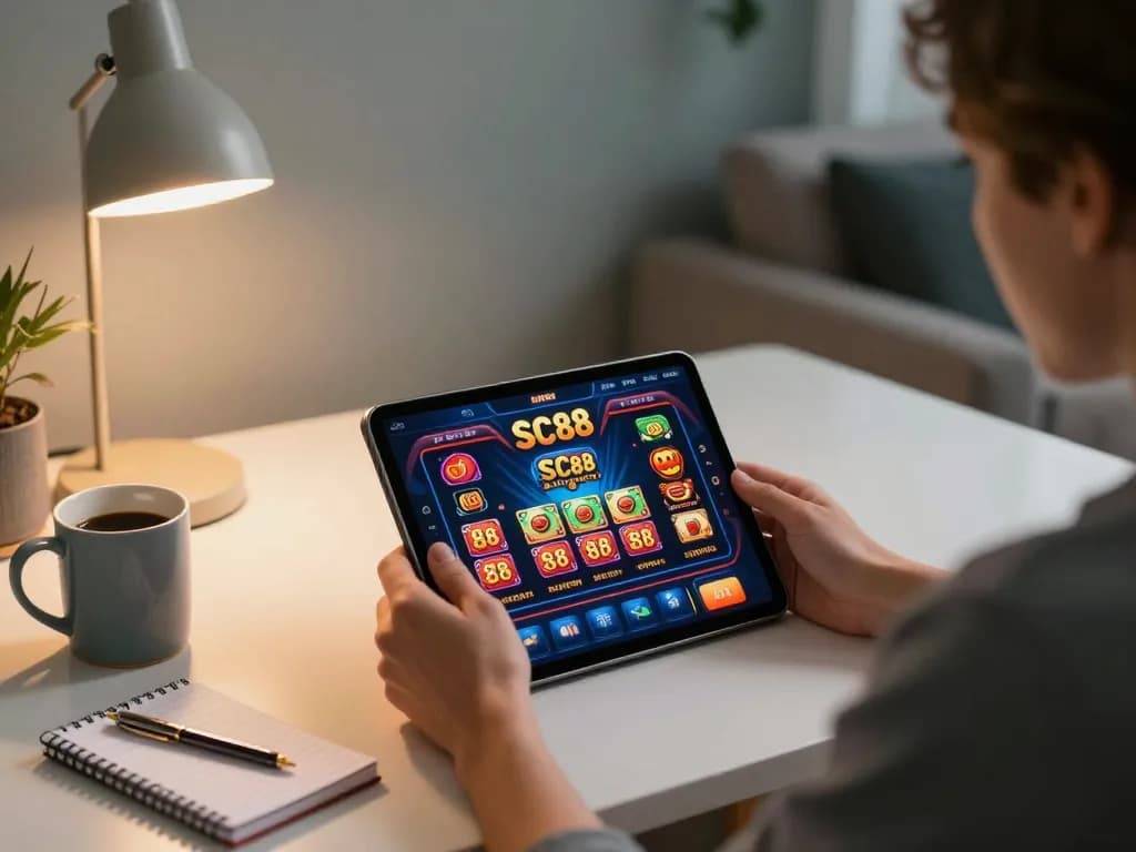 Engage with SC88 casino app on tablet during a cozy gaming session at home.