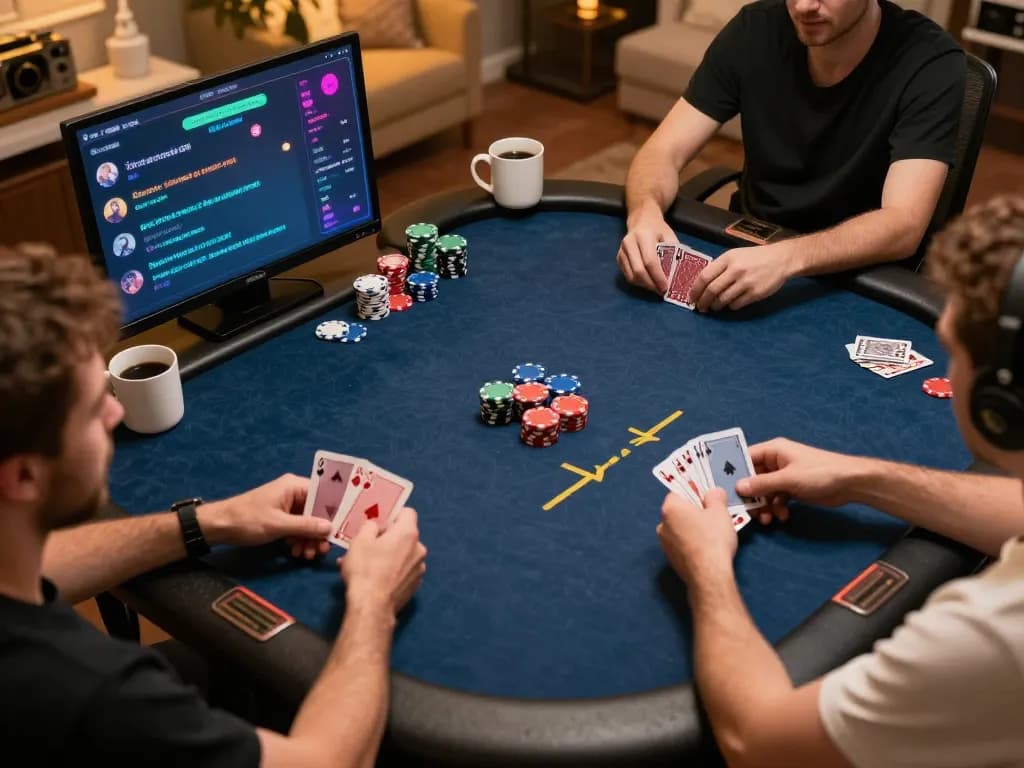 Players engaging in competitive online poker using the 8k8 platform, showcasing a strategic gaming atmosphere