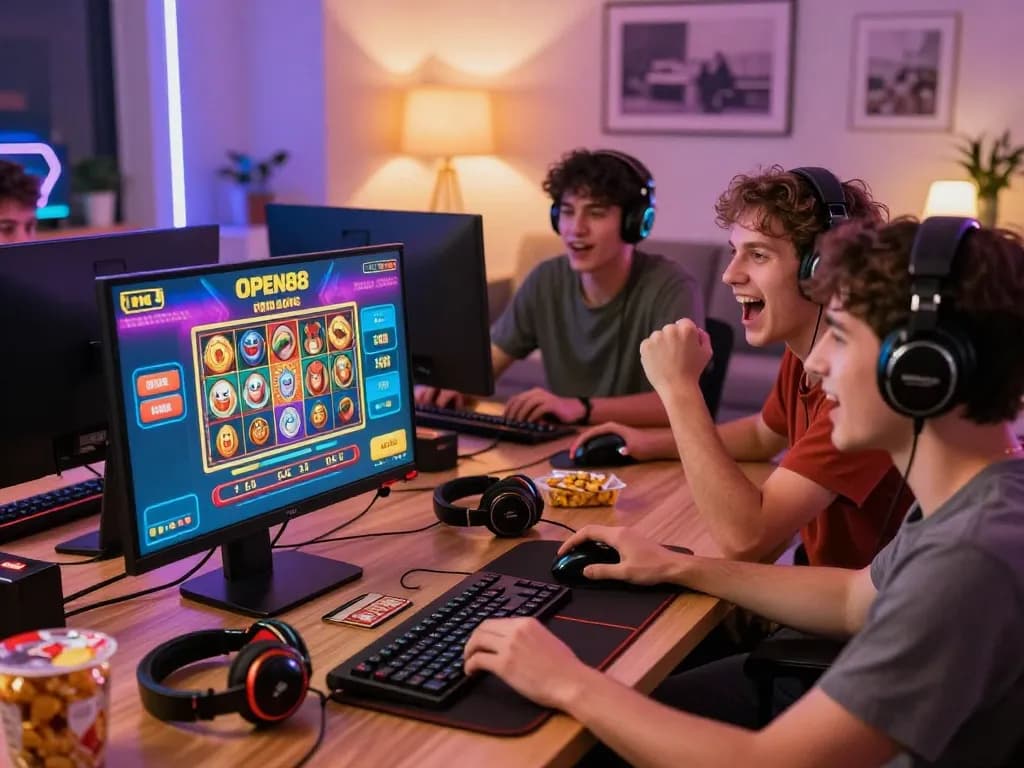 Exciting group of friends enjoying online gaming on OPEN88, vibrant living room with gaming accessories and colorful screens.