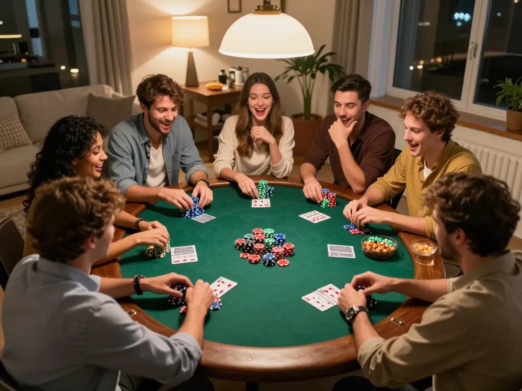 Players enjoy a lively poker night at home, highlighting strategic gameplay and camaraderie with 99Win.