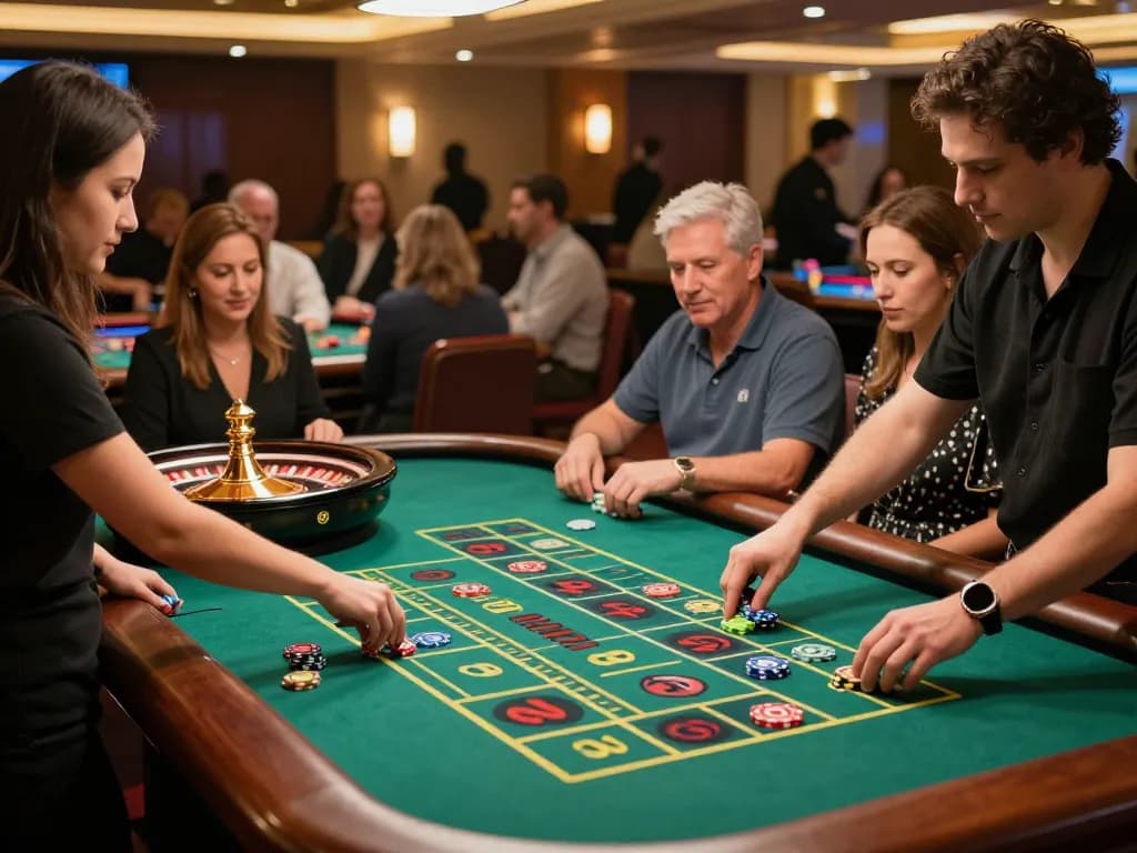 Players at OK9 engaged in an exciting roulette game, showcasing vibrant casino atmosphere.