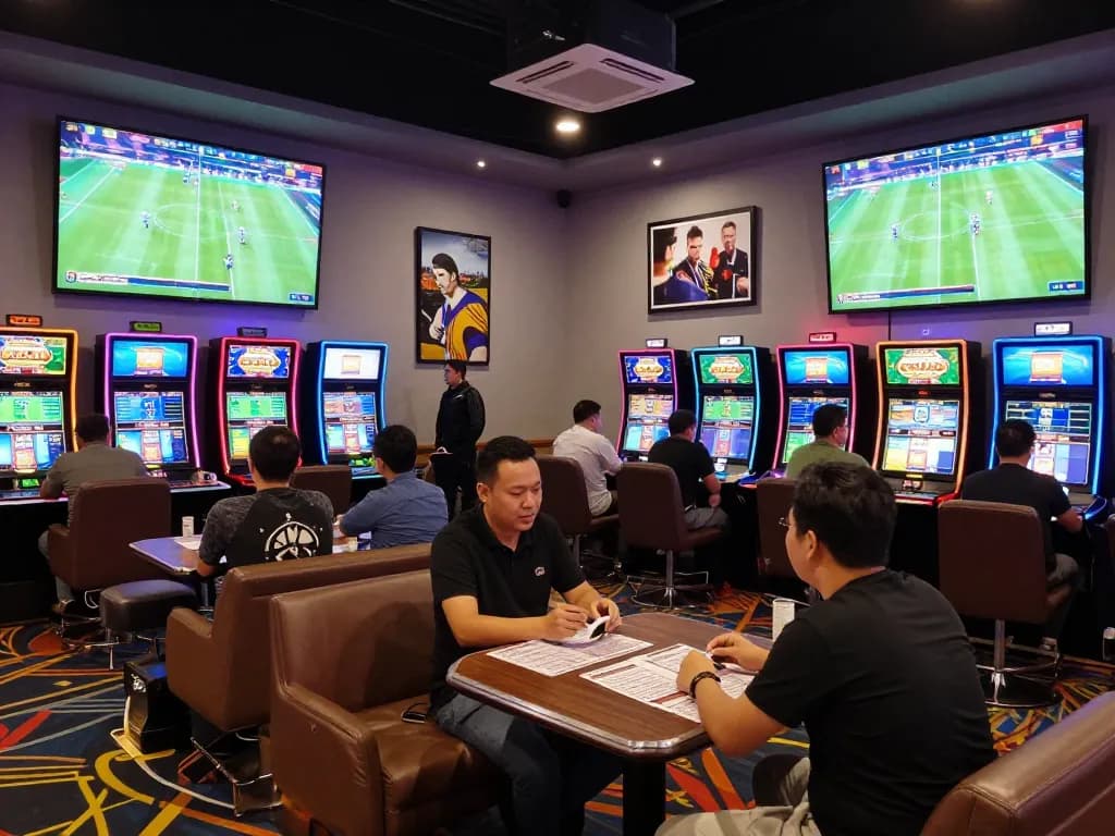 Slip taruhan dan pelanggan antusias terlibat dalam taruhan bola gacor di lounge kasino modern.