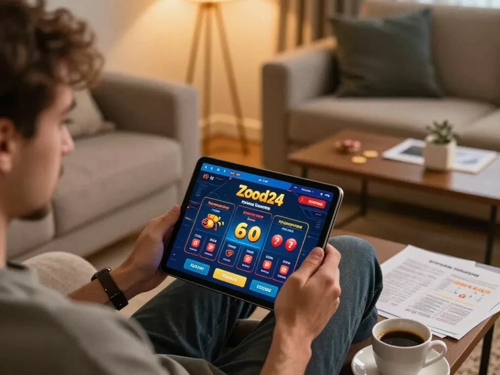 Engaging in online gaming at ทางเข้าzood24 with personal tablet setup, showcasing excitement and strategy.