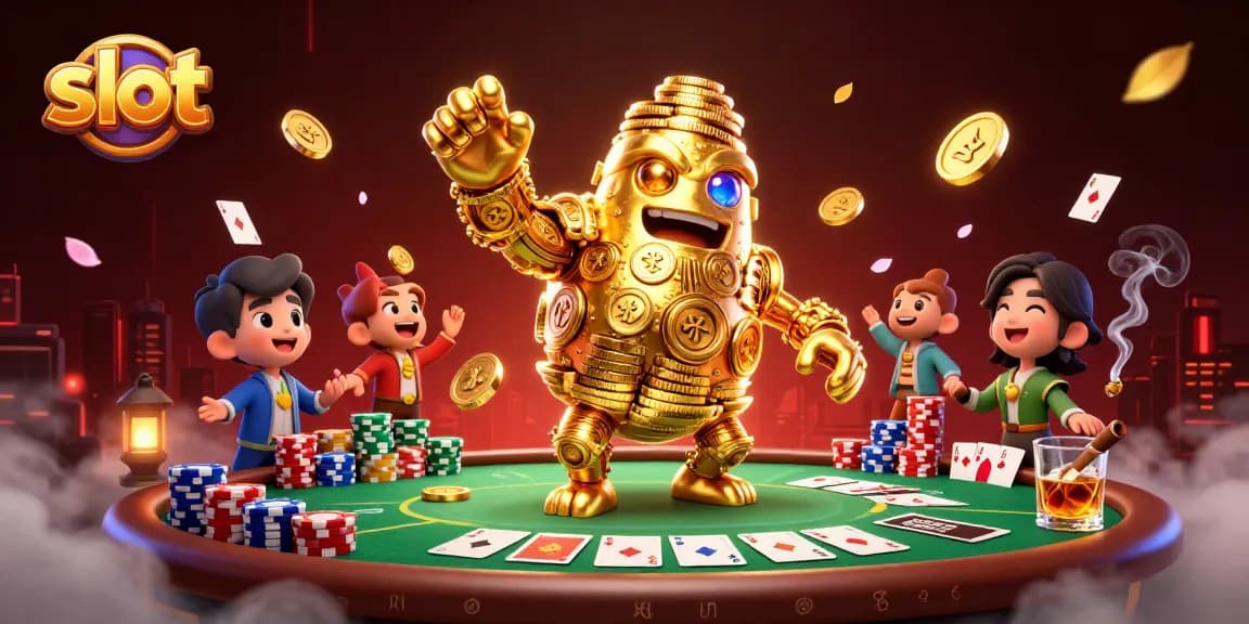 Bermain slot di dunia kasino dengan golem emas dan simbol mesin slot di sekelilingnya.