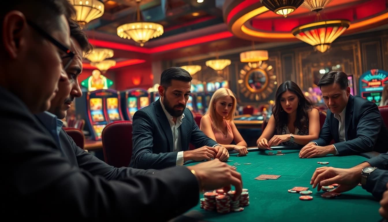 Permainan poker ketegangan tinggi Katsu5 Resmi, menampilkan pemain beragam dan suasana kasino glamor.