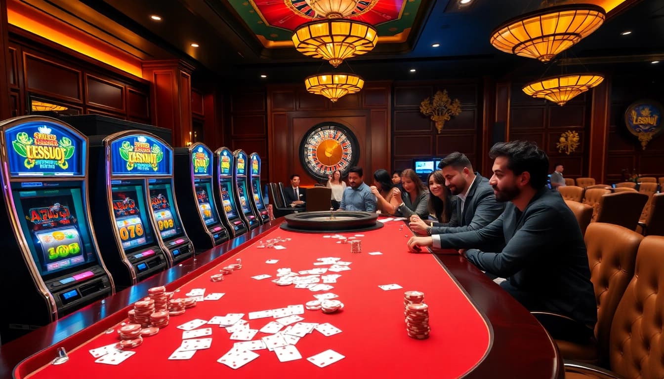 IDNSLOT gaming table with vibrant slots, poker chips, and exciting atmosphere.