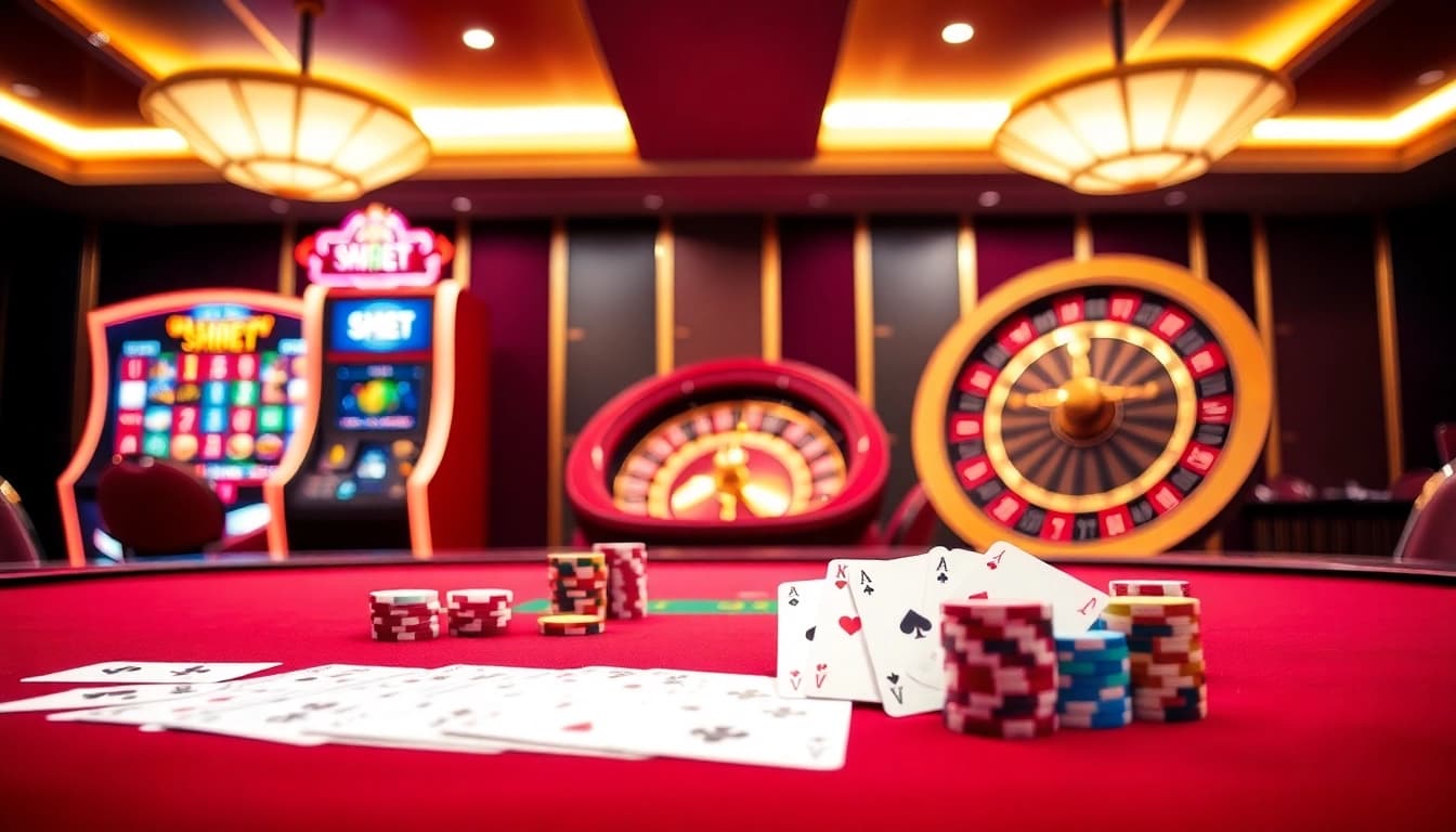 Experience high-stakes gaming at SHBET's vibrant casino table with colorful chips.