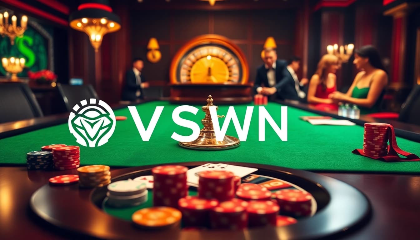 VSWIN logo appears at an exciting casino scene with poker chips, cards, and a roulette wheel.