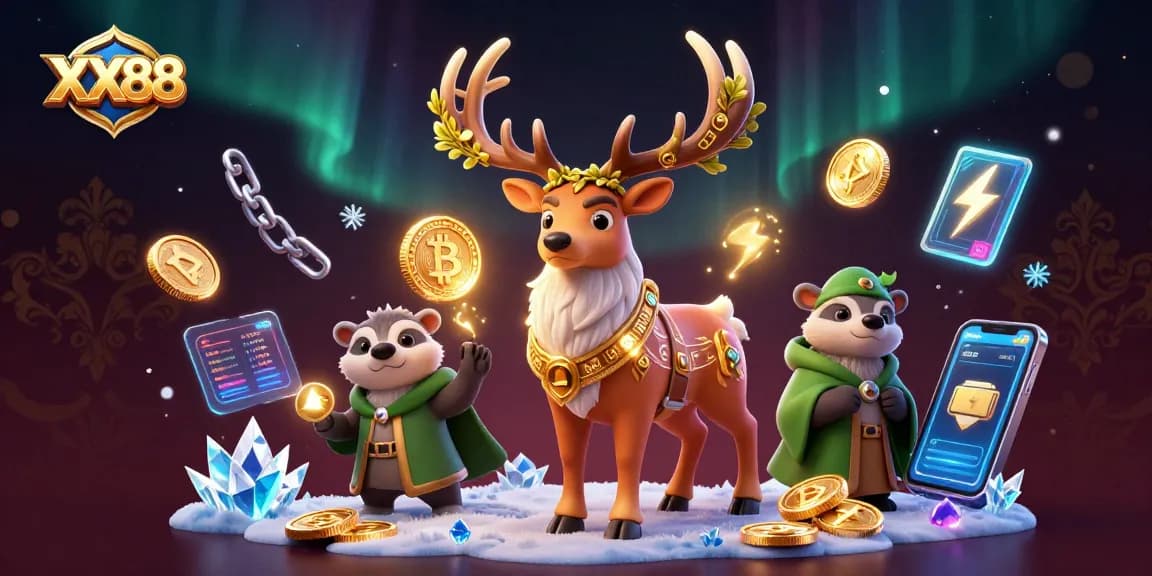 Experience exciting wins at XX88 with glowing crypto coins and fantasy-themed elements.