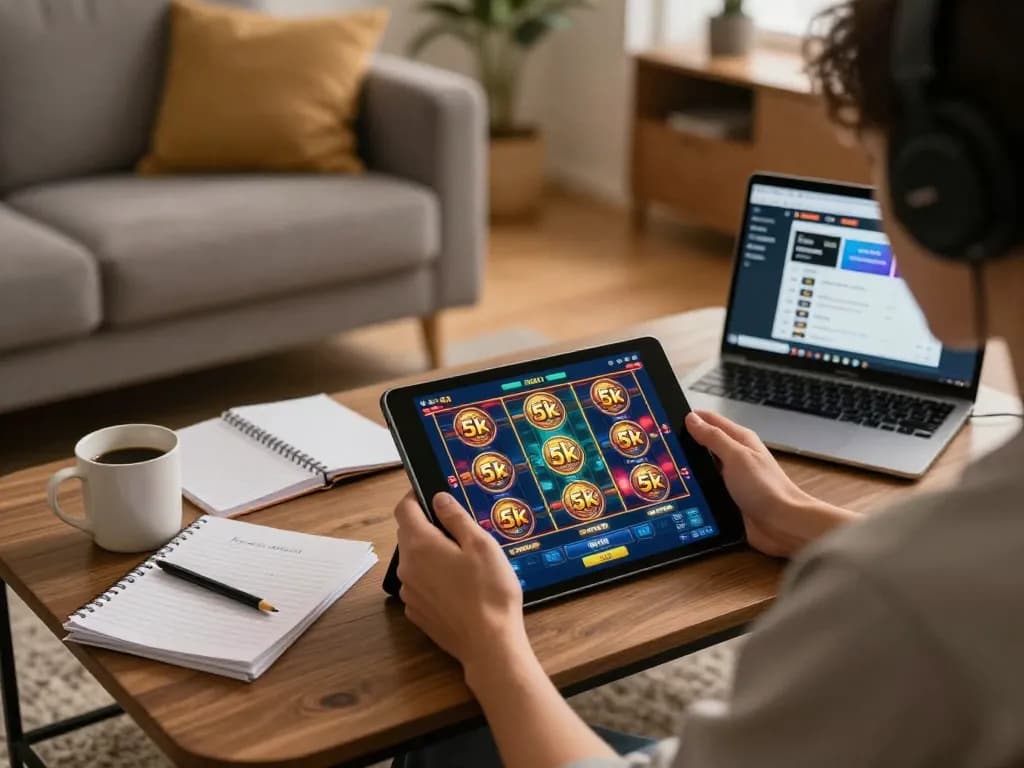 Engaging in strategic online slot 5k gaming in a cozy home environment with notes and coffee.