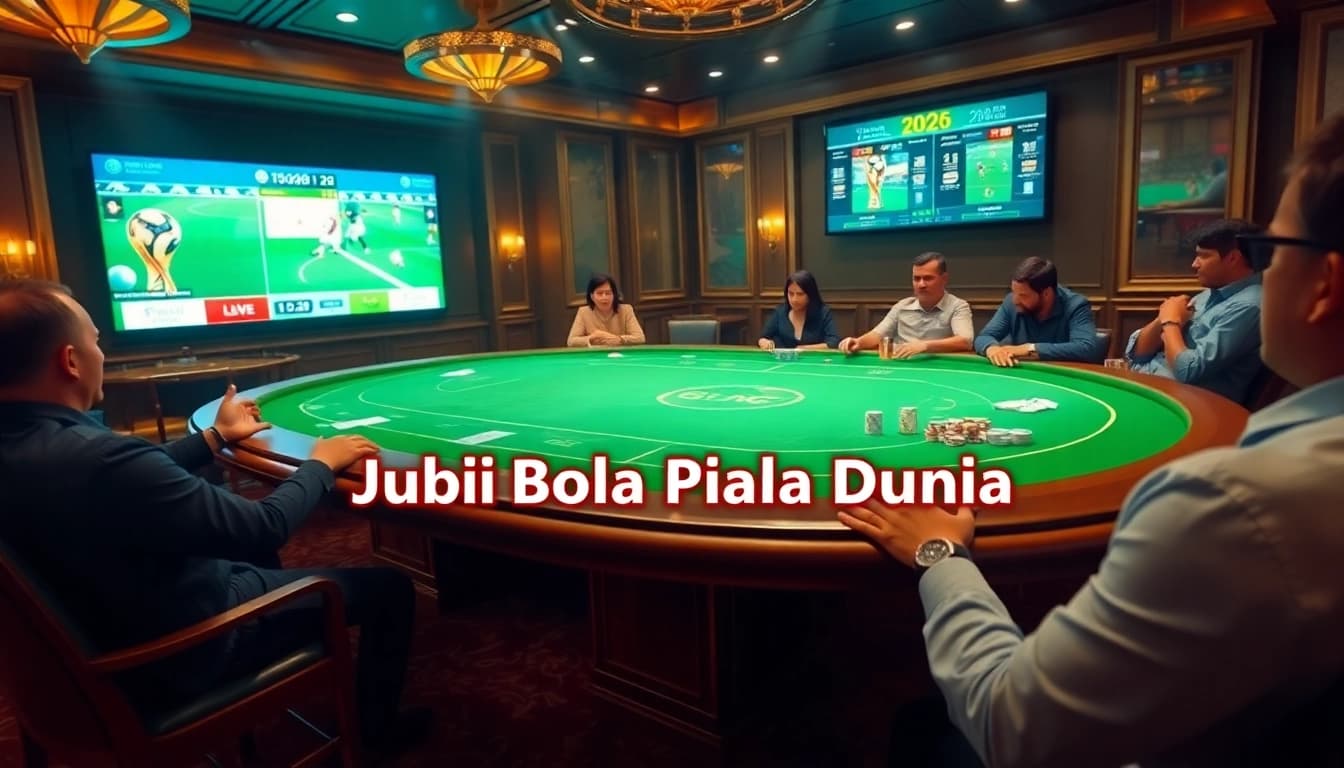 Engaging scene of Judi Bola Piala Dunia betting at an elegant casino table with gamblers placing bets.