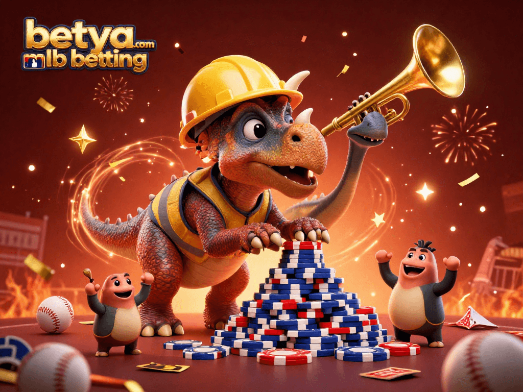 Engage in betya.com mlb betting with this vibrant 3D scene featuring a triceratops celebrating at a baseball-themed casino.