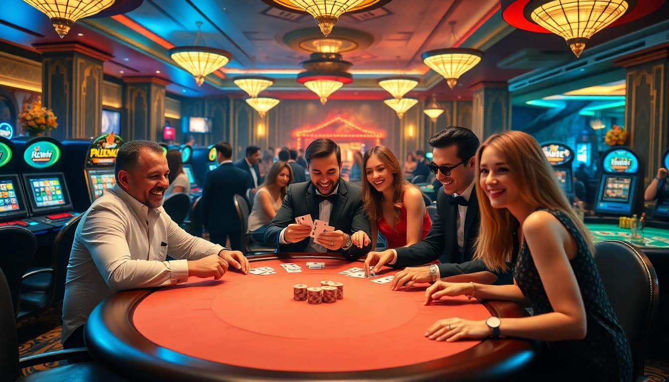 Players enjoying a thrilling game at 123win casino table with vibrant slot machines in the background.