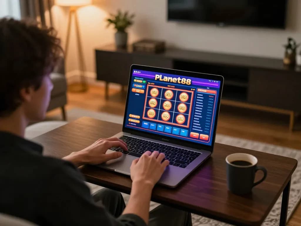 Engaging in Planet88 online slot gaming from a stylish living room setup