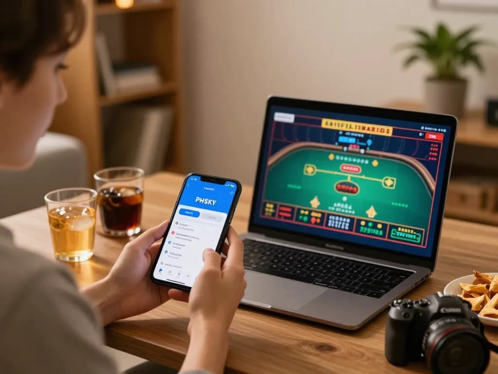 PHSKY app in use on smartphone for online betting game, featuring live dealer display and cozy home setting.