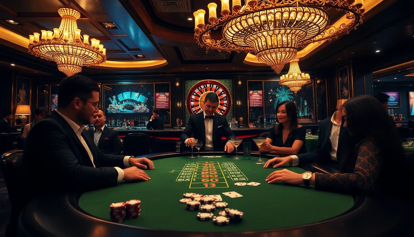 Engage in thrilling gameplay at https://kong88.win with luxurious poker chips and cards in a vibrant casino setting.