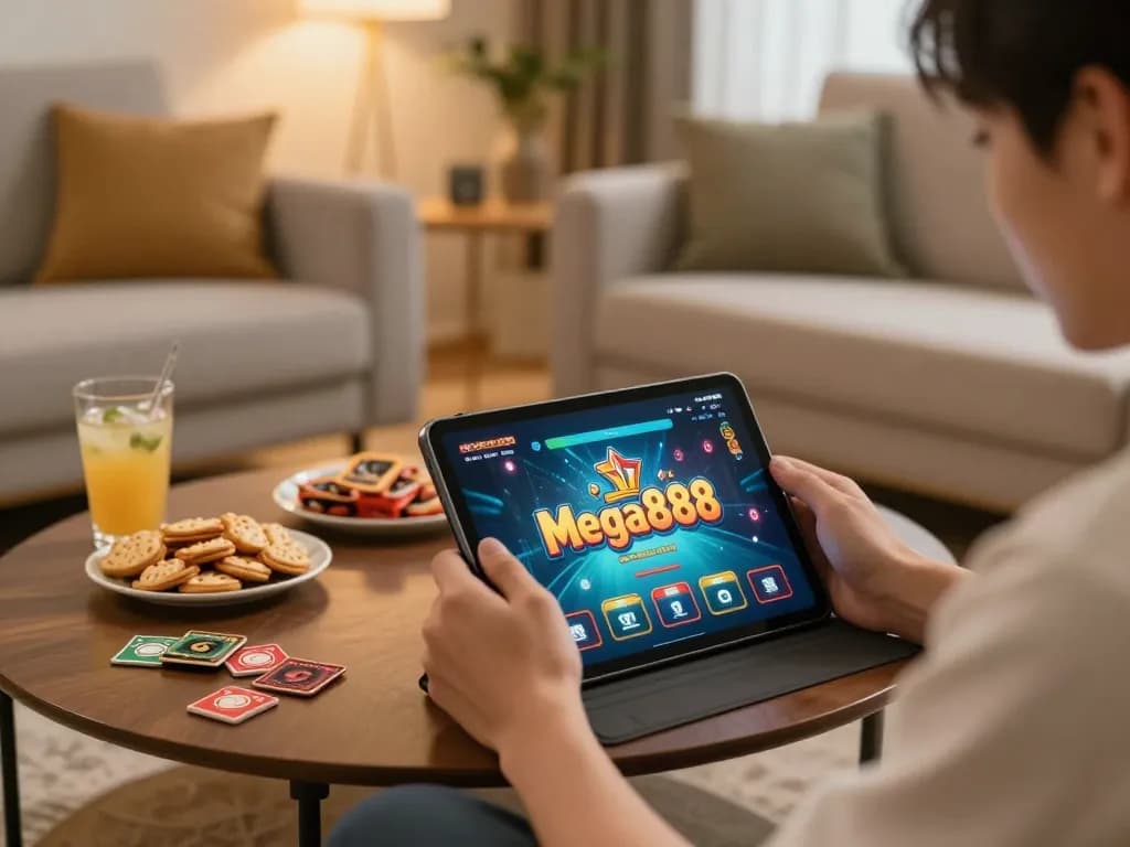 Mega888 app user experiencing dynamic mobile gambling in a cozy living room