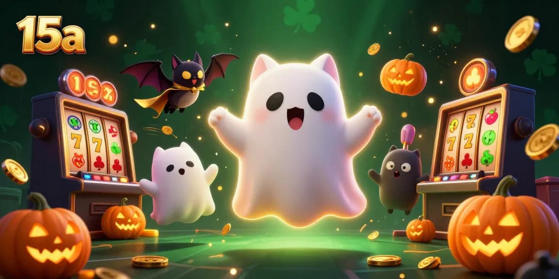 O 15a apresenta uma cena vibrante com um gato fantasma e elementos de cassino flutuantes em meio a jack-o-lanterns.