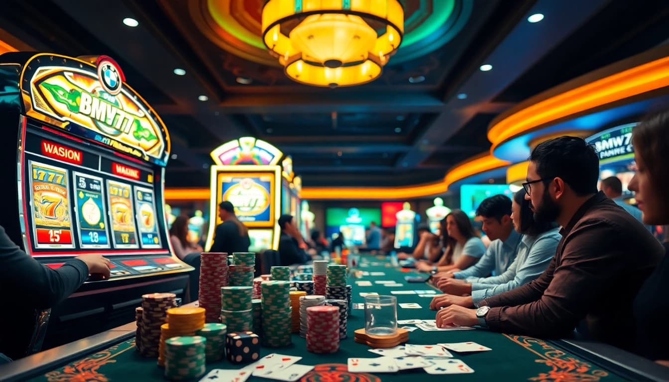 Bmw777 slot machine surrounded by dice, poker chips, and cards in a vibrant casino setting.