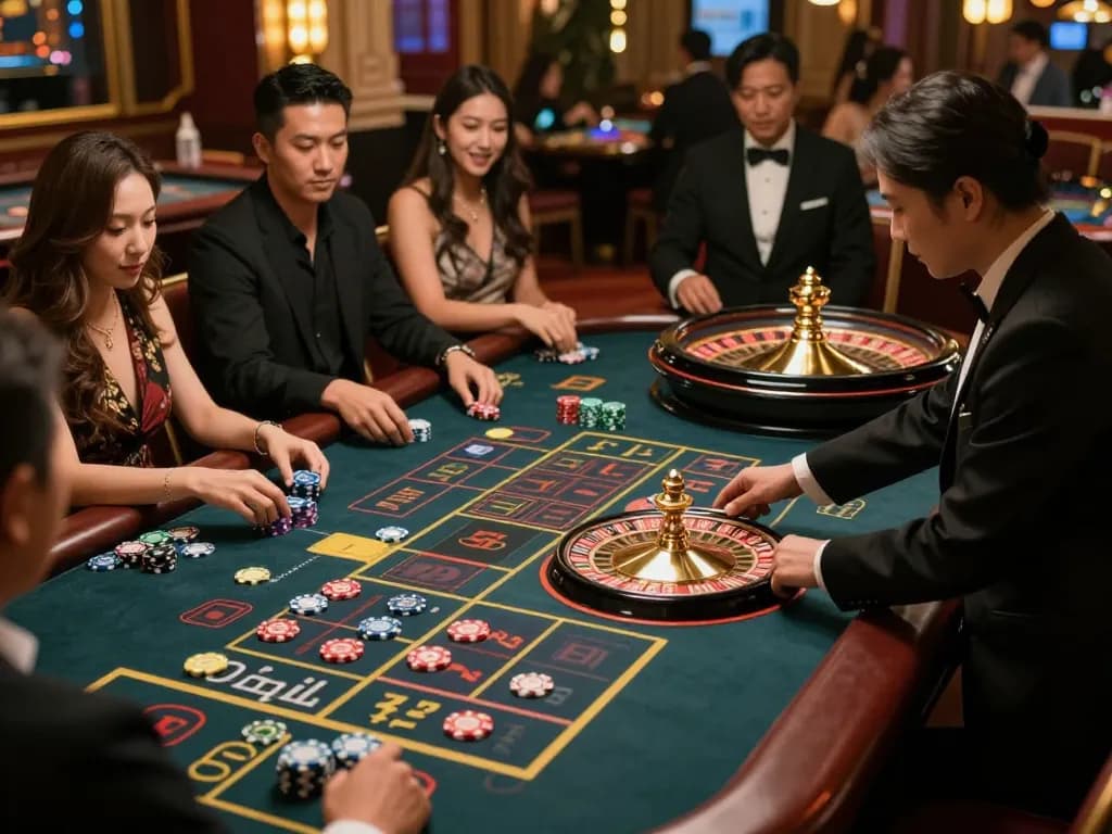 Players eagerly betting at the stunning MM99 roulette table in a luxurious Asian casino environment