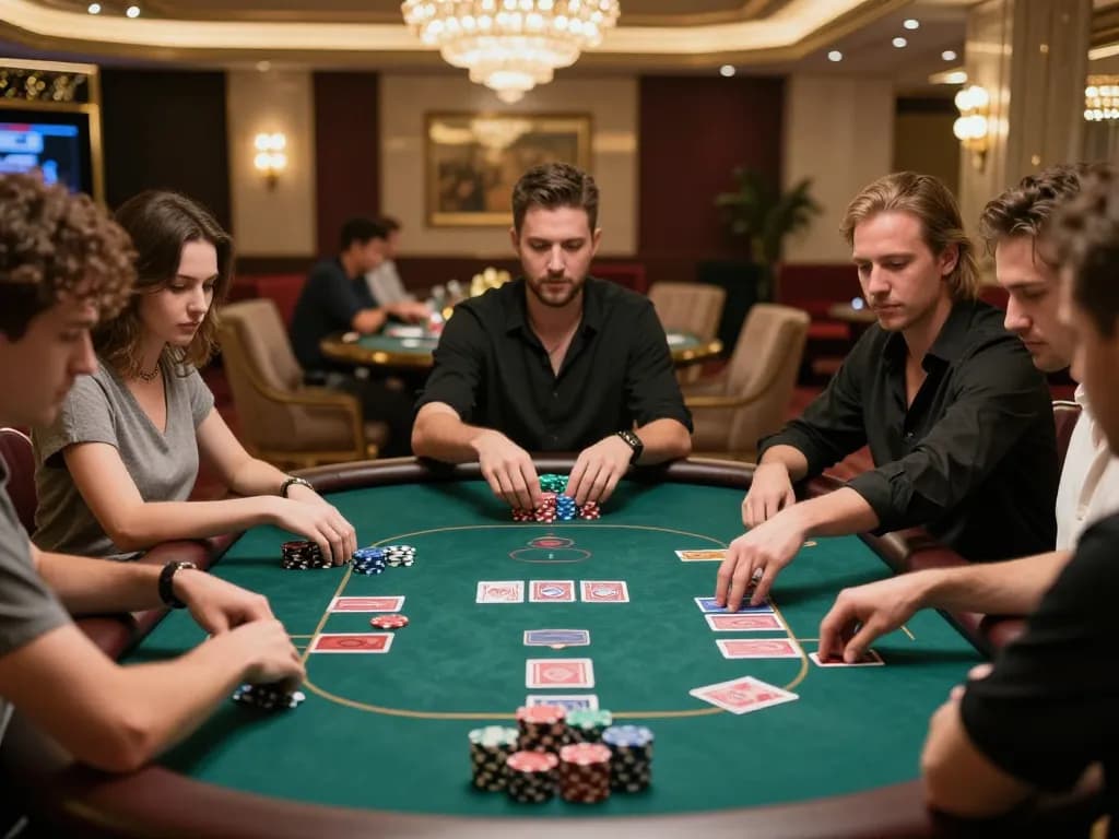 Intense poker gameplay in a luxurious VIP area at 777VIP casino with elegant decor and players in focus