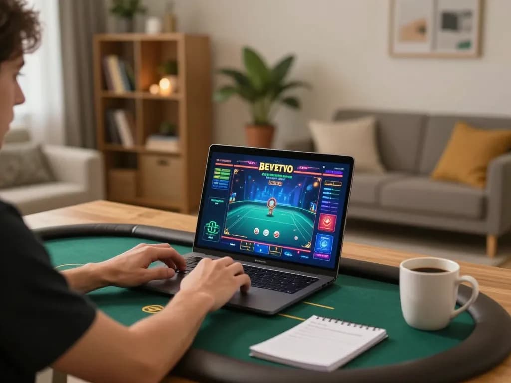 Engaged player enjoying online poker at home on the 98win platform with cozy ambiance.