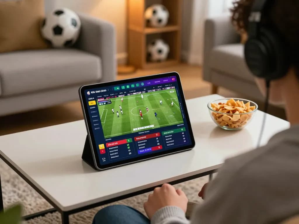 Kèo nhà cái 5 displayed on a tablet for online betting while enjoying live sports in a cozy living room.