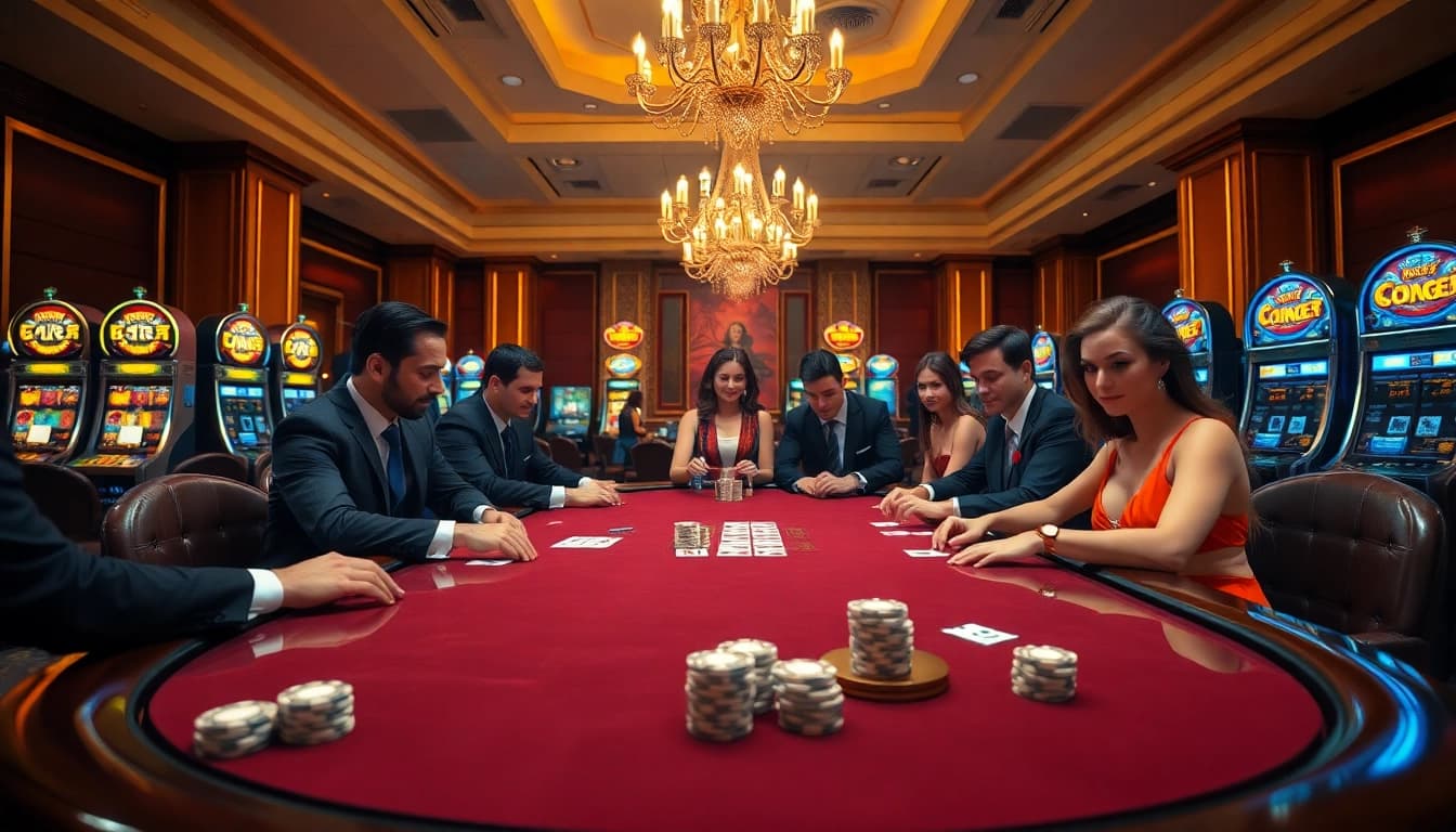A captivating scene at 11bet.college's high-stakes poker table, showcasing strategic play and vibrant casino atmosphere.