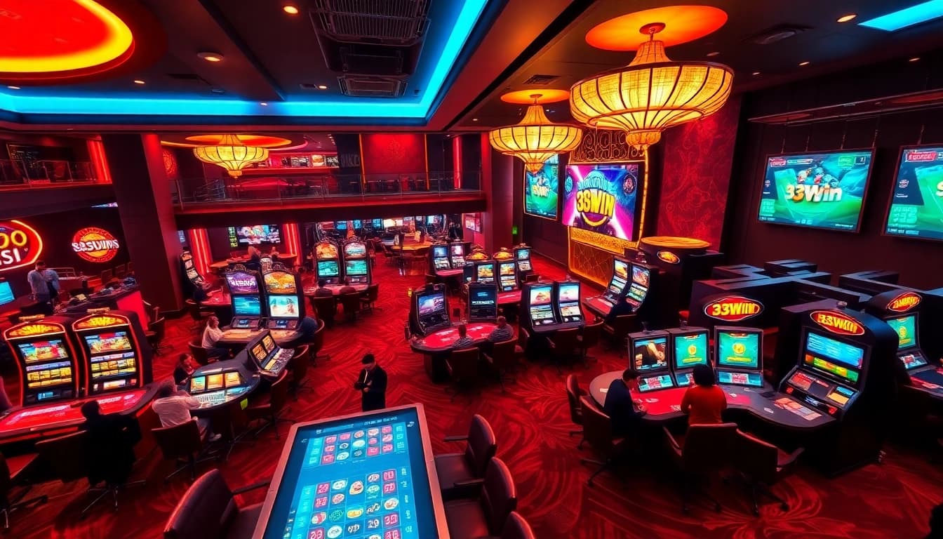 Engaging casino scene showcasing 33win's vibrant gaming environment with players at tables and modern slot machines.
