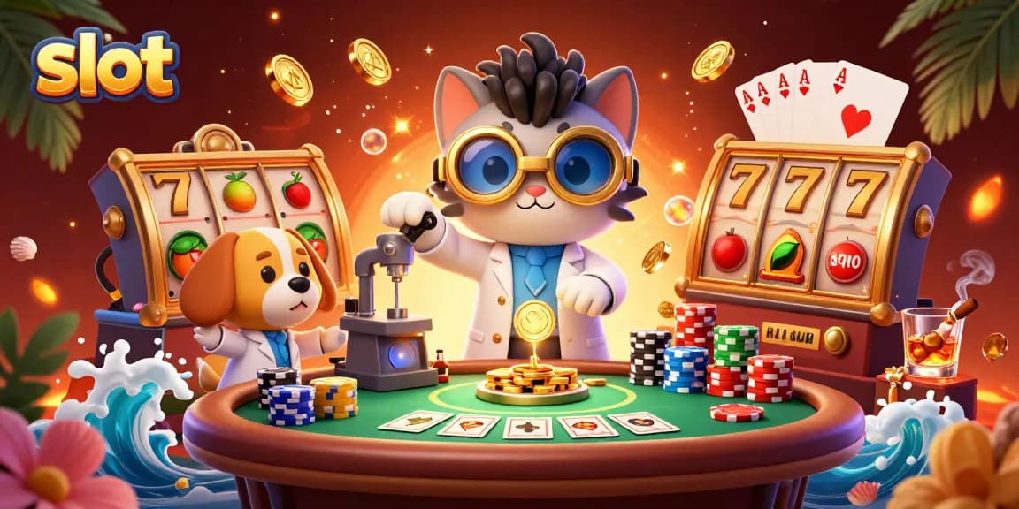 Spin thrilling slot games with characters in a vibrant casino setting, featuring a mad scientist cat.