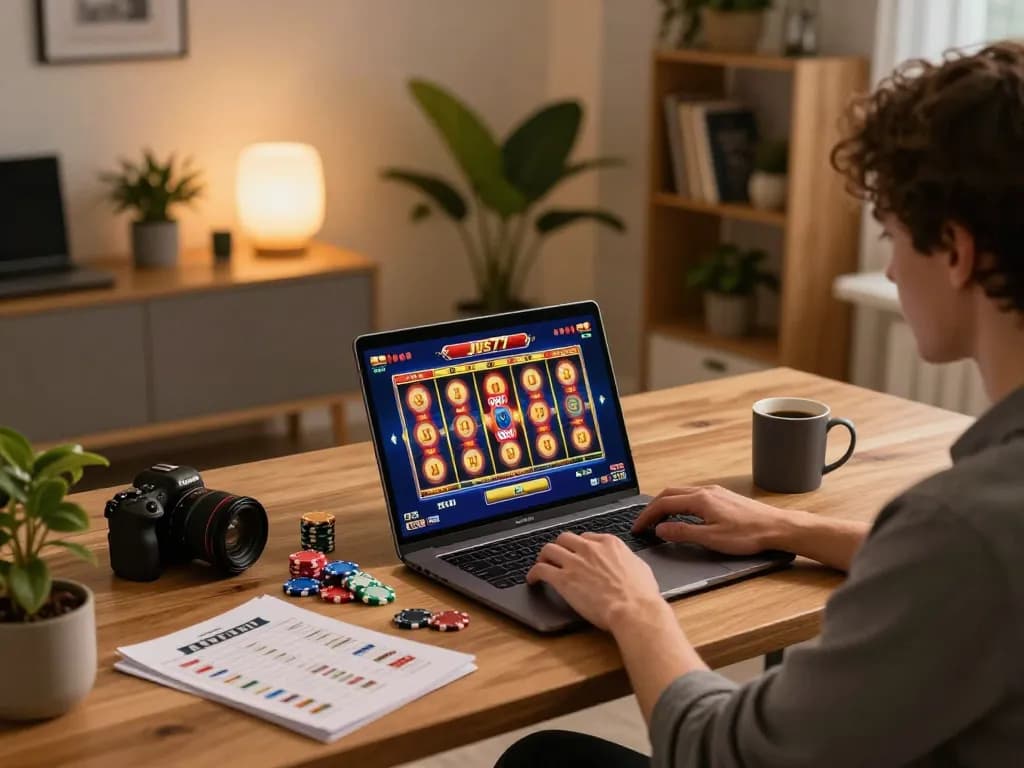 Pemain berinteraksi dengan permainan slot online jus77 di pengaturan kantor rumah yang nyaman, menunjukkan permainan yang strategis.