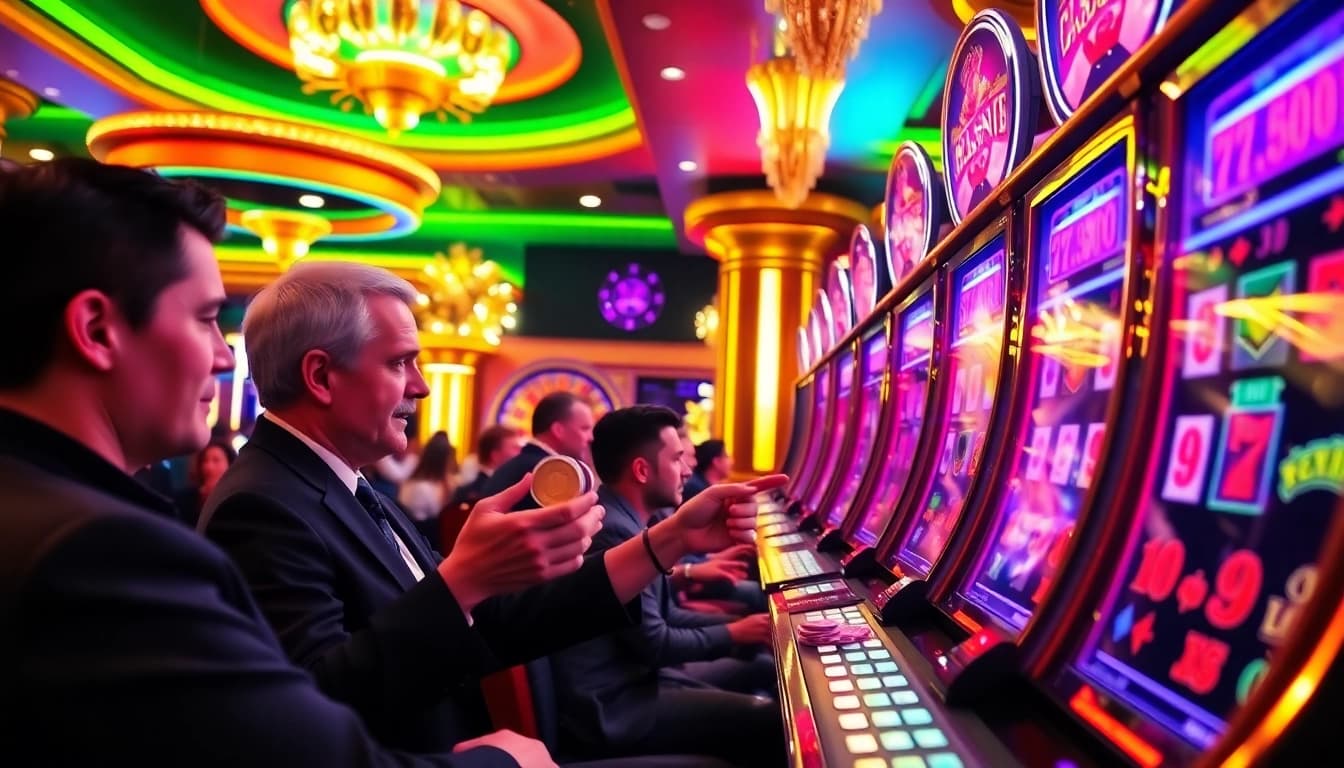 Players engaging with a colorful slot machine, showcasing exciting spins and casino ambiance.