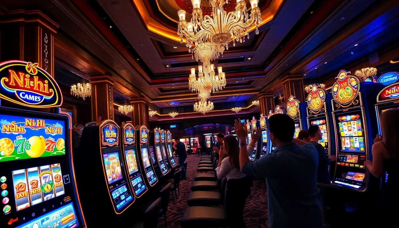 Nổ hũ slot machine excitement with players winning jackpots in a luxury casino atmosphere.