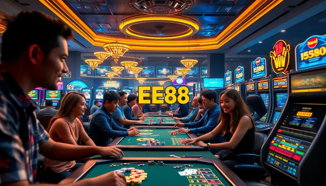EE88 online casino scene with diverse players enjoying thrilling games, showcasing 3D visuals and engaging atmosphere.