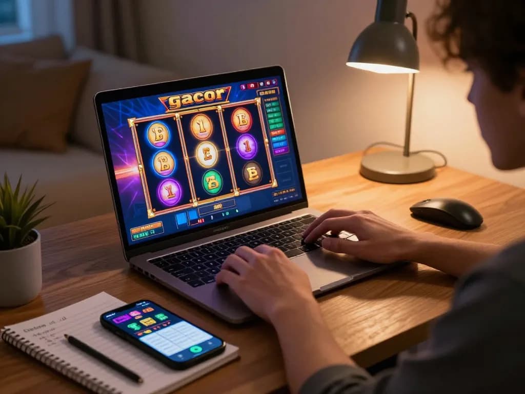 Pemain terlibat dalam pengalaman slot gacor yang mendebarkan di laptop, menampilkan antarmuka permainan online yang cerah.